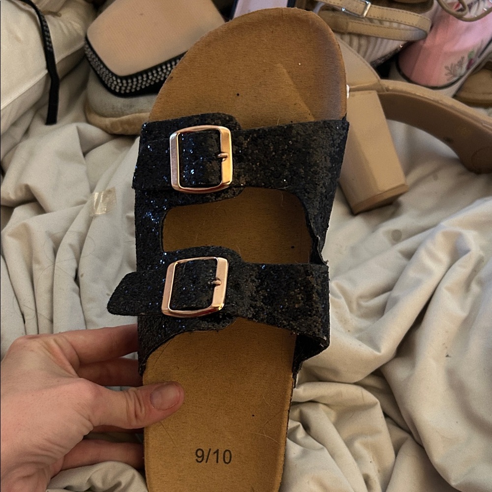 Black Sparkle Double Buckle Slide Sandal